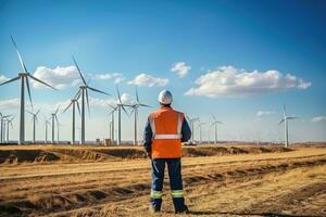 ai generado ingeniero a trabajo viento turbina y solar panel. generativo ai foto