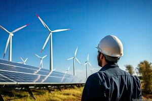 ai generado ingeniero a trabajo viento turbina y solar panel. generativo ai foto