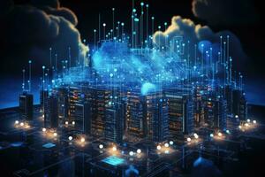 AI generated Digital informational technology web futuristic hologram with cloud computing. Generative AI photo