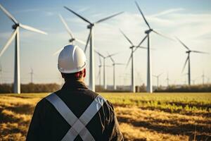 ai generado ingeniero a trabajo viento turbina y solar panel. generativo ai foto