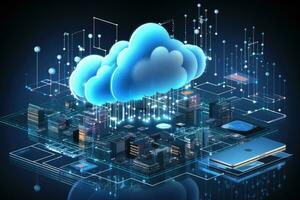 AI generated Digital informational technology web futuristic hologram with cloud computing. Generative AI photo