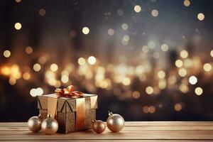 ai generado Navidad regalo cajas en el piso Navidad árbol ramas y Navidad pelotas bokeh luces antecedentes. generativo ai foto