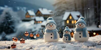 A cute smiling snowman in the biggest of the snow with a background. bokeh a Christmas tree and house the mountain. It's a blurred background. Generative AI photo