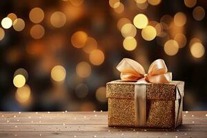 ai generado Navidad regalo cajas en el piso Navidad árbol ramas y Navidad pelotas bokeh luces antecedentes. generativo ai foto