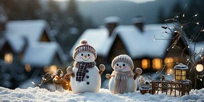 A cute smiling snowman in the biggest of the snow with a background. bokeh a Christmas tree and house the mountain. It's a blurred background. Generative AI photo