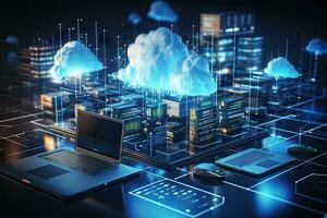 AI generated Digital informational technology web futuristic hologram with cloud computing. Generative AI photo