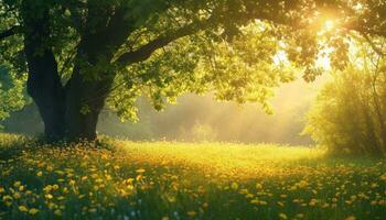 ai generado un soleado primavera día con flores y arboles foto