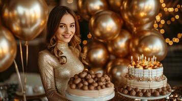 AI generated A touch of golden glamour with balloons, candles, and decorations for a sophisticated birthday affair photo