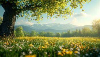 AI generated a sunny spring day with flowers and trees photo