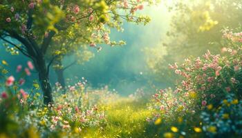 AI generated a sunny spring day with flowers and trees photo