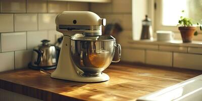 AI generated a kitchen mixer with a wooden top is sitting on top of a wooden counter photo