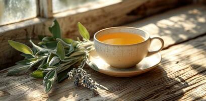 ai generado un taza de infusión de salvia té sentado en un de madera mesa foto