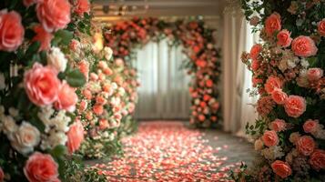 AI generated A wedding venue adorned with delicate roses, creating a romantic and enchanting ambiance photo