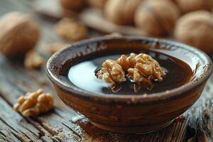 AI generated a shot of almond syrup with walnuts photo
