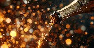 AI generated champagne pouring onto a black background with confetti falling. photo
