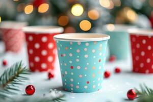 AI generated brightly colored paper cups on a table photo