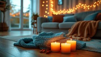 AI generated Candle-lit living room, soft textiles, fostering comfort, connection, and relaxation photo