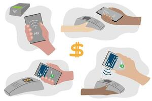 nfc inalámbrico pago tecnología en un teléfono inteligente billetera en tu teléfono, sin contacto pago, rápido pago, inteligente bancario. nuevo financiero tecnologías vector