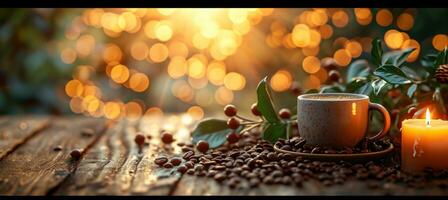 ai generado café frijoles y un taza de café en un mesa sentado en un vela foto