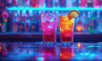 AI generated colorful bar in the night scene with iced drinks photo