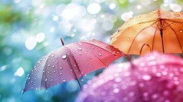 AI generated Colorful raindrops, umbrellas, and radiant hues create a cheerful spring display photo