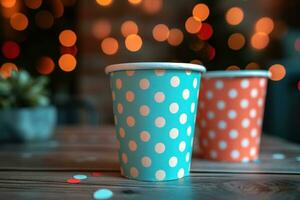 ai generado brillantemente de colores papel tazas en un mesa foto