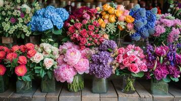 ai generado abundante ramos de flores, floral preparativos, y vibrante flores encarnar muelles abundancia foto