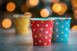 ai generado brillantemente de colores papel tazas en un mesa foto