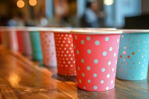 AI generated brightly colored paper cups on a table photo