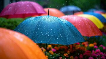 ai generado vistoso gotas de lluvia, sombrillas, y radiante matices crear un alegre primavera monitor foto