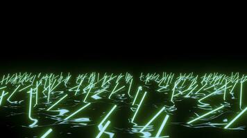 Abstract neon sticks on a wavy surface in the dark. Design. Floating 3D lines in a black abstract endless lake. photo