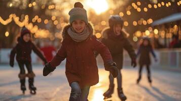 ai generado familia hielo Patinaje, capturar el magia de el temporada en congelado alegría foto