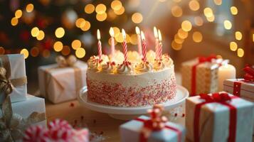 ai generado reluciente decoraciones, regalos, y un festivo pastel hacer un memorable cumpleaños escena foto