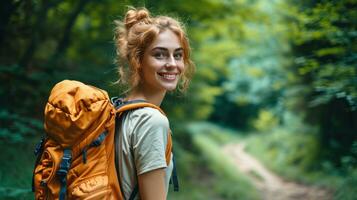 ai generado contento hermosa niña Vamos excursionismo en el bosque foto