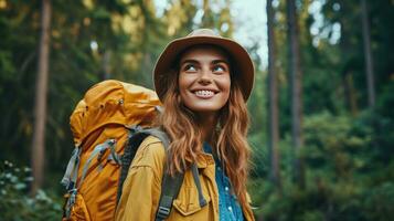 AI generated happy beautiful girl go hiking in the forest photo