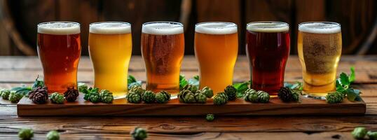 AI generated five beers with hops on a board on a table photo