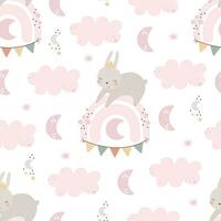 Seamless pattern with cute bunny, rainbow, decor elements. vector