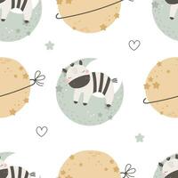 Seamless pattern with cute zebra, moon, decor elements. simple flat vector. Hand drawing for children. animal theme. baby design for fabric, textile, wrapper, print. vector