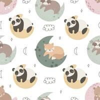 Seamless pattern with cute sloth, panda, fox, decor elements. simple flat vector. Hand drawing for children. animal theme. baby design for fabric, textile, wrapper, print. vector