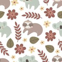 Seamless pattern with cute koala, sloth, decor elements. simple flat vector. Hand drawing for children. animal theme. baby design for fabric, textile, wrapper, print. vector