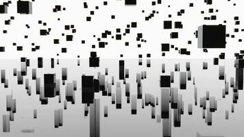 Lot of cubes in computer space with reflection. Design. Cubes rise up in stream on isolated background. Lot of black cubes move and are reflected in parallel world photo