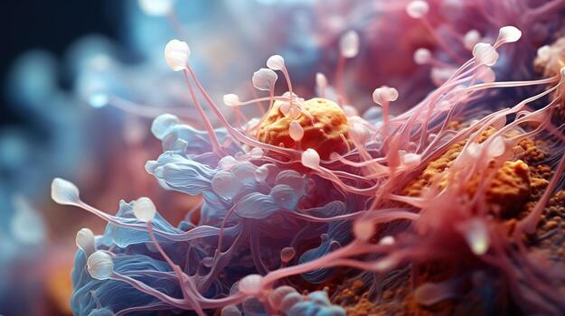 AI generated Candida and bacteria colonies under a microscope. Generative AI photo