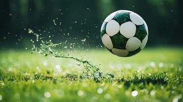 ai generado fútbol jugador carreras a patada el pelota. pelota en el césped campo de arena. creado con generativo ai foto