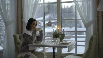 on a winter morning, a girl in a sweater drinks tea. snow outside video