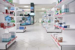 Drugstore shelves filled with medications and supplements ready to be buy by customer, health care treatment. Empty pharmacy with pharmaceutical products, supplements and vitamins, drugs bottles. photo