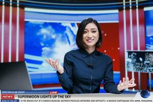 News anchor talks about supermoon phenomenon on television, creating broadcast reportage about natural huge moon lighting night sky. Asian woman presenter in newsroom, magical astronomy sight. photo