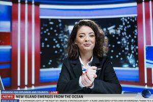 Rare natural phenomenon on live talk show presented by media reporter, new island emerges from the ocean creating new paradise exploration place. Newscaster introducing new holiday destination. photo
