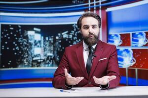 News presenter on late talk show discussing about current events live on tv broadcast, transmitting information for global television network. Man presenter reading latest headlines. photo