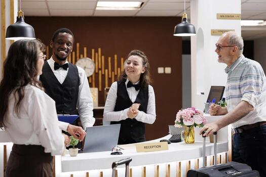 Two elderly tourists arrive with suitcases at hotel reception for check-in. Friendly smiling employees assists retired senior customers with booking and paperwork, creating welcoming atmosphere. photo