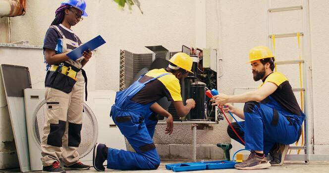 Competent mechanic cleaning layer of dirt and dust from condenser compressor coils while coworker uses measurement device to check for refrigerant leaks and read pressure in hvac system photo